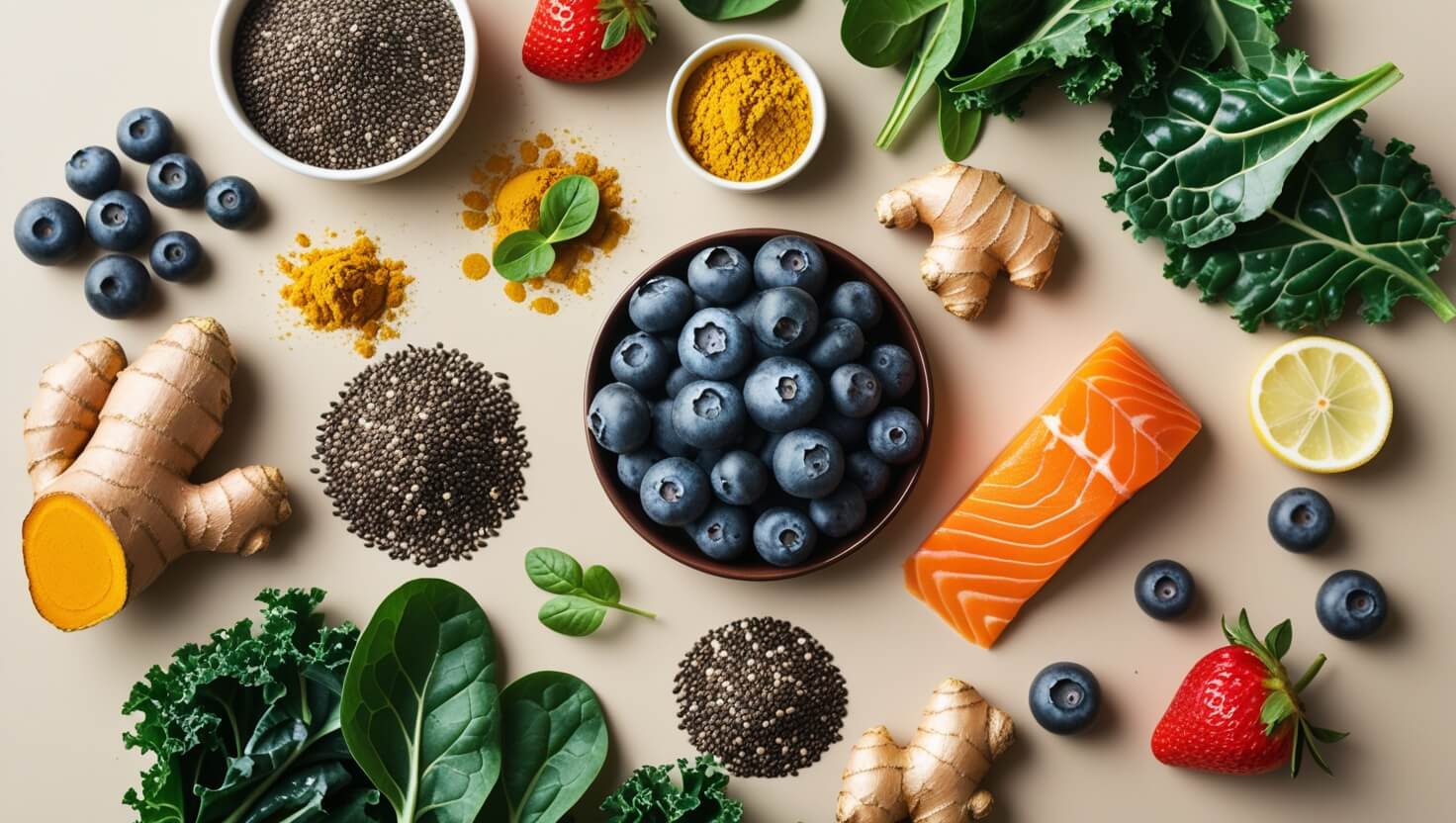 Alimentos anti-inflamatórios: mirtilos, chia, cúrcuma, gengibre, vegetais verdes, salmão e outros superalimentos